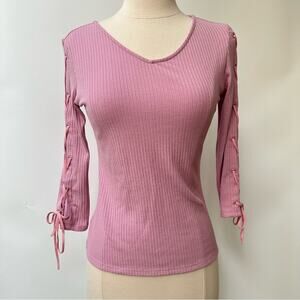 Only Pink Sweater Pullover Size XS Ribbed Long Sleeve Lace Criss Cross Tie